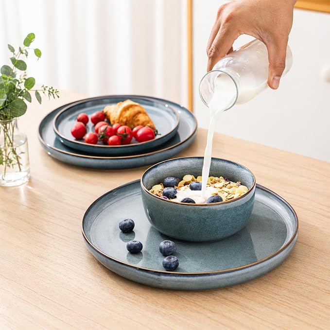 GBHOME Ceramic Dinnerware Sets for 8, 24 Pieces Stoneware Plates and Bowls Sets, Scratch Resistant Dishes, Dishwasher & Microwave Safe, Reactive Glaze-Space Blue