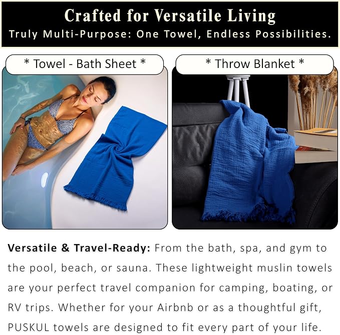 PÜSKÜL - Premium 2-Piece Oversized Muslin Bath Towel for Adult 35x70 Extra Large Bath Sheets | Natural 100% Turkish Cotton Soft Absorbent Quick-Dry Light Spa & Beach Towels (Pack of 2, Royal Blue)