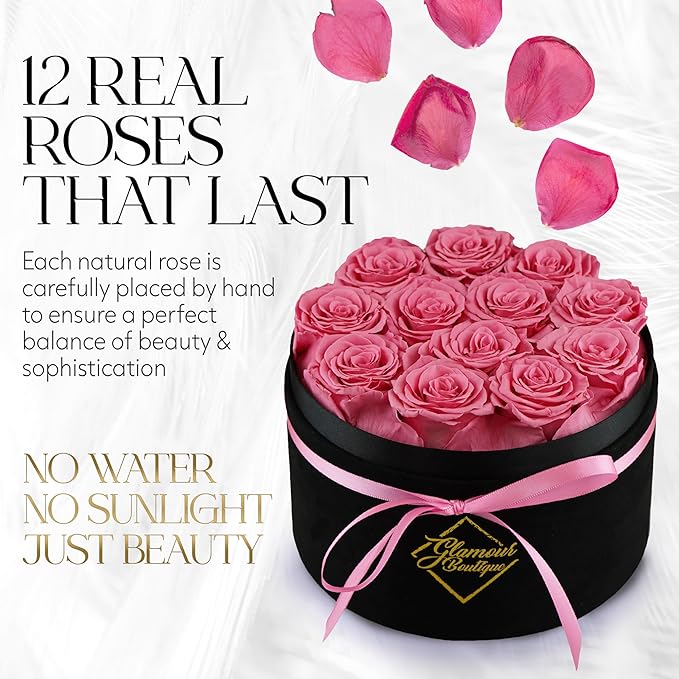 GLAMOUR BOUTIQUE Flowers Forever Gift Box 12 Real Preserved Roses in a Velvet Black Box, Birthday for Her Mom and Wife, Mothers Day, Anniversary, Graduation - Pink