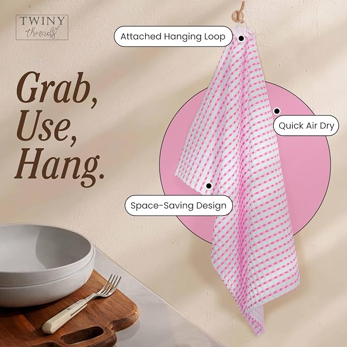TWINY threads Waffle Towels Set of 4, 16x26 Inches, 100% Cotton, Soft, Absorbent Waffle Weave Kitchen Dishcloth Set, Durable & Machine Washable Tea Towel, Rose Pink, White