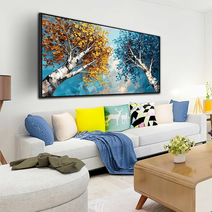 Tree Canvas Wall Art for Living Room Large Size - Yellow and Blue Bedroom Wall Art - Black Framed Wall Art Size 29" x 59"