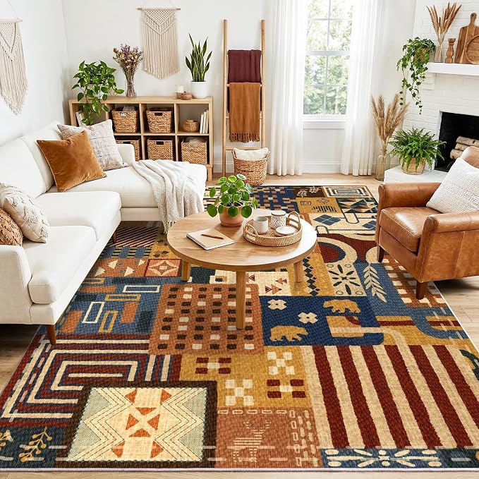 9x12 Southwestern Patchwork Large Area Rug, Geometric Tribal Colorful Rugs for Living Room, Non-Slip Stain Resistant Washable Indoor Carpet for Bedroom, Entryway, Dining Room, Home Office Decor