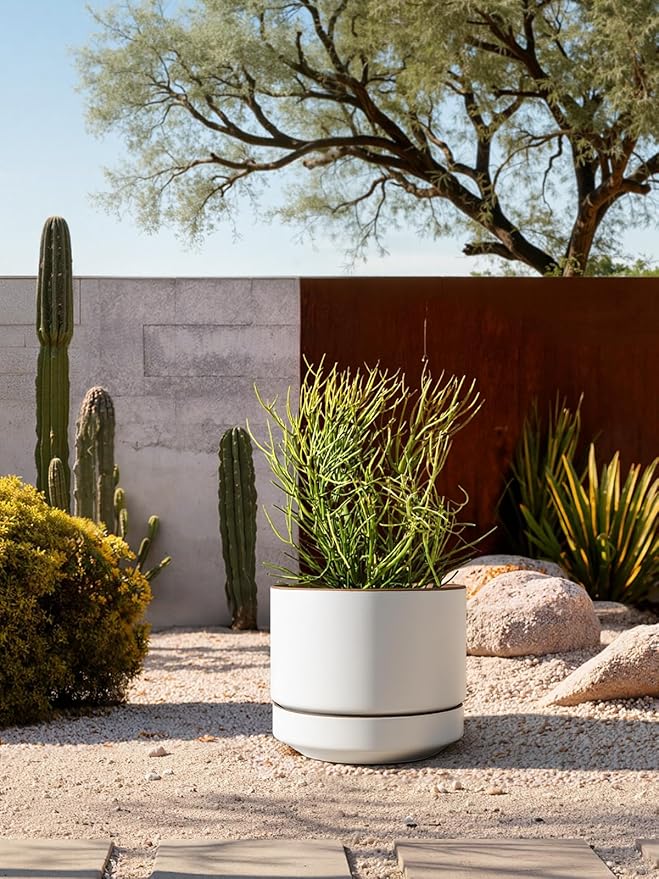 LE TAUCI 14 Inch Large Plant Pot with Saucer, Ceramic Outdoor & Indoor Big Planter with Drainage Hole, Mesh Pad & Plug Included, Matte Glazed Outside, Modern for Home and Patio, Alpine White & Ochre