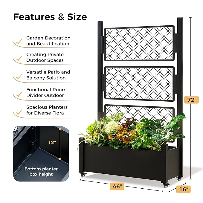 Metal Planter Box with Trellis and Wheels, 72"x46"x16" Large Outdoor Garden Planter for Climbing Plants, Vegetables & Vines, Includes Drainage Holes and Privacy Screen, Black