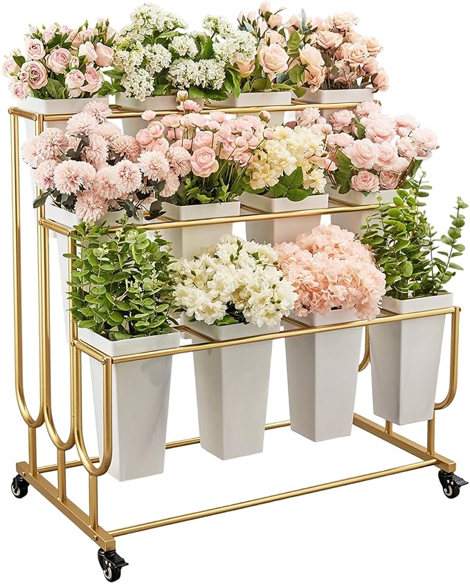 Flower Display Stand Frame, 3-Tier Flower Cart with Wheels, Metal Floral Display Rack , Moving Florist Bouquet Shelf for Shop ,Flower Bar, Events (Gold - 3 Tier) , Without Flower Buckets