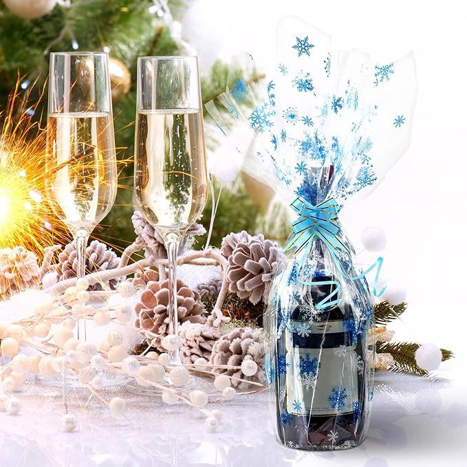 Christmas Cellophane Wrap Roll 100 ft Long 32 Inch Wide 3.1 Mil Thicken Long Film Wrapping Paper Plastic Gift Bags Large Basket Wrap for Xmas Decor Arts Crafts Flower(Clear, White, Blue,Snowflake)