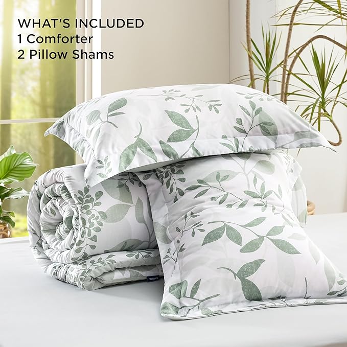 Bedsure Comforter Set King Size - Cute Floral Bedding Comforter Set, 3 Pieces, 1 Soft Reversible Sage Green Botanical Flowers Comforter and Pillow Shams