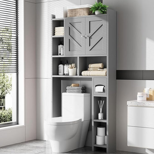 Over the Toilet Storage Cabinet, Freestanding Farmhouse Storage Cabinet Over Toilet, Bathroom Organizer with Paper Holder Stand and Adjustable Shelf, Grey