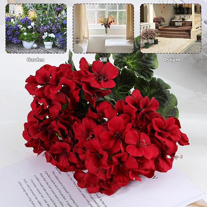 Artificial Geraniums 2Pcs 18 Inch 9 Heads Geraniums Artificial Flowers Realistic Vibrant Fade-Resistant Flowers for Wedding Home Party Decor, Red
