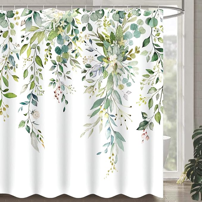 84 Inch Extra Long Green Eucalyptus Shower Curtain Watercolor Floral Plant Leaf Shower Curtains for Bathroom Botanical Flower Waterproof Fabric Bath Curtain with Hooks (Green, 72'' x 84'')