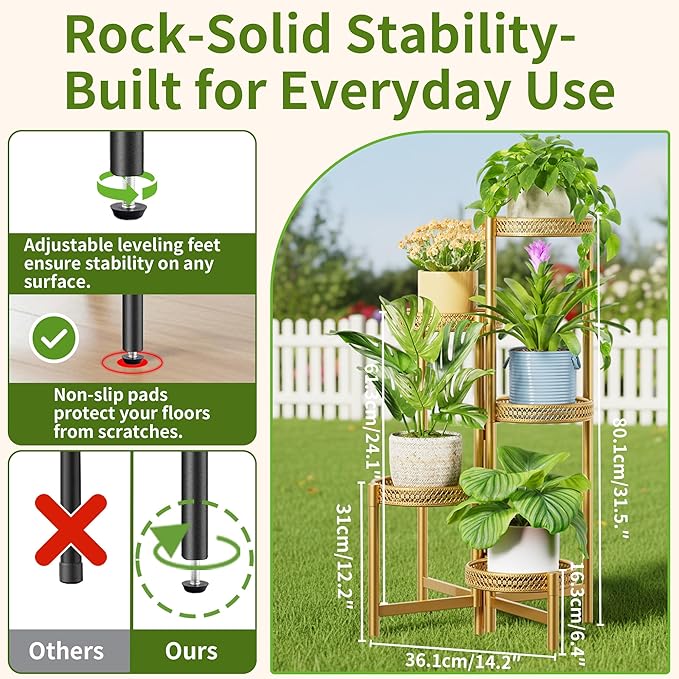 Gold Plant Stand Indoor Outdoor, Corner Metal Flower Pot Stands for Multiple Plants, 5 Tier Heavy Duty Plant Shelf for Patio Garden Balcony Living Room Bedroom - GoldWave