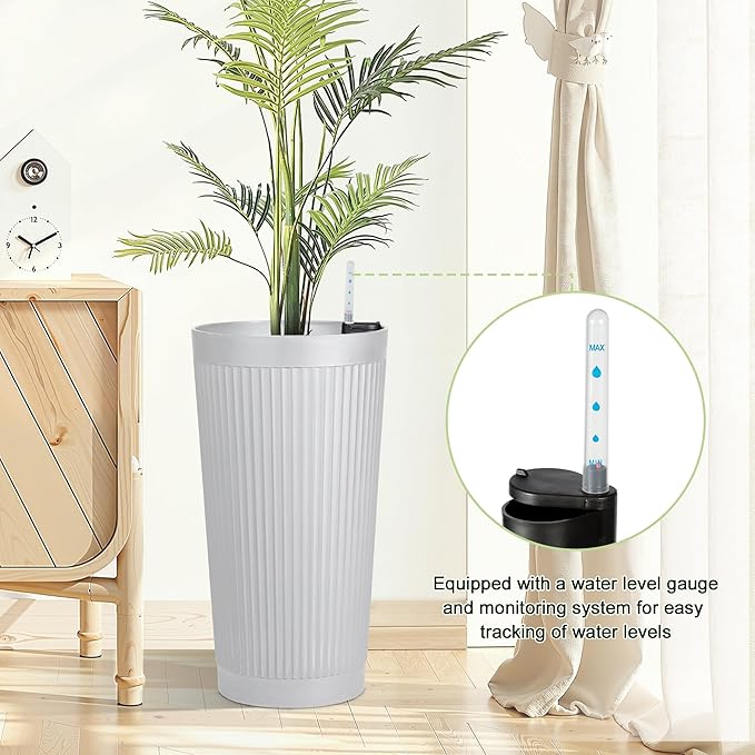 24" Tall Self Watering Planters for Indoor Plants, 2 Pack Large Plastic Outdoor Planter Pots with Built-In Water Reservoir and Level Indicator, Decorative Modern Flower Pots for Home & Patio (White)