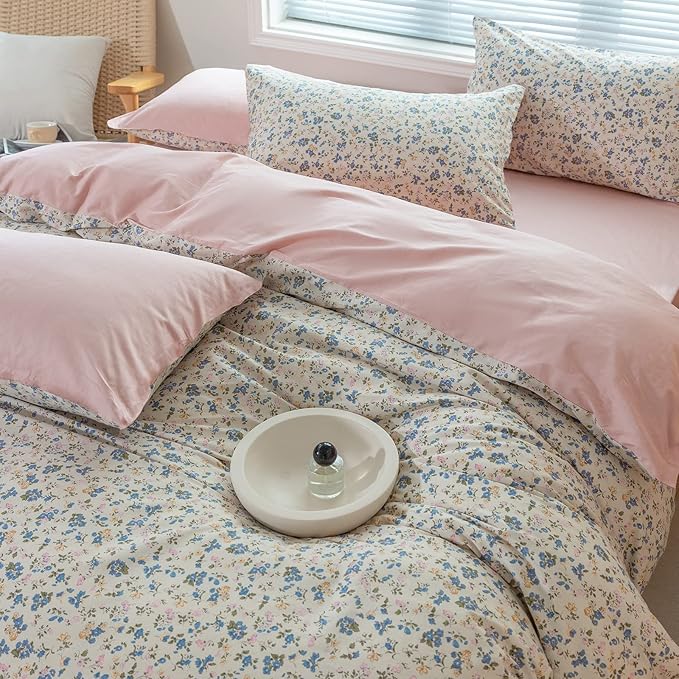 EAVD Vintage Style Garden Botanical Floral Duvet Cover Queen Soft 100% Cotton Pink Blue Yellow Floral Bedding Set with 2 Pillowcases Chic Botanical Duvet Cover with Zipper Closure