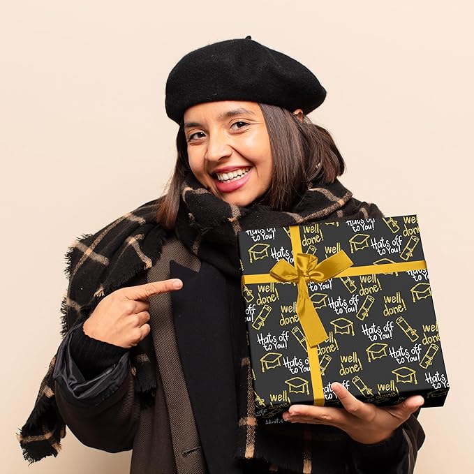 Altarho Reversible Graduation Wrapping Paper Set Rolls Black Gold Trencher Cap and Wavy Stripes Gift Wrap Sheets for Party Celebration Annusarily Back to School Total 28.5sq.ft