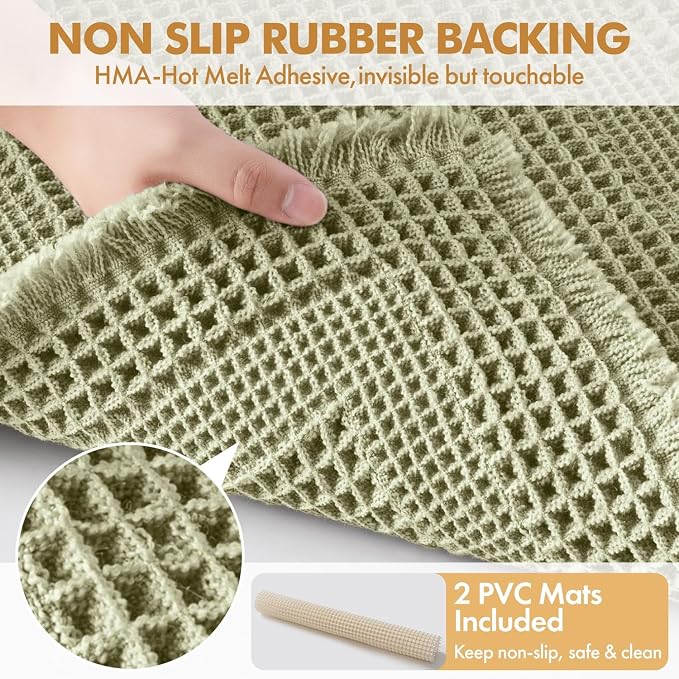 MIULEE Set of 2 Waffle Bathroom Rugs, Boho Bath Rug Super Absorbent, Non Slip Washable Ultra Soft Rubber Backed Shower Bath Mats for Floor, Tub, Shower, Looped Design, Sage Green, 18x30 Inch
