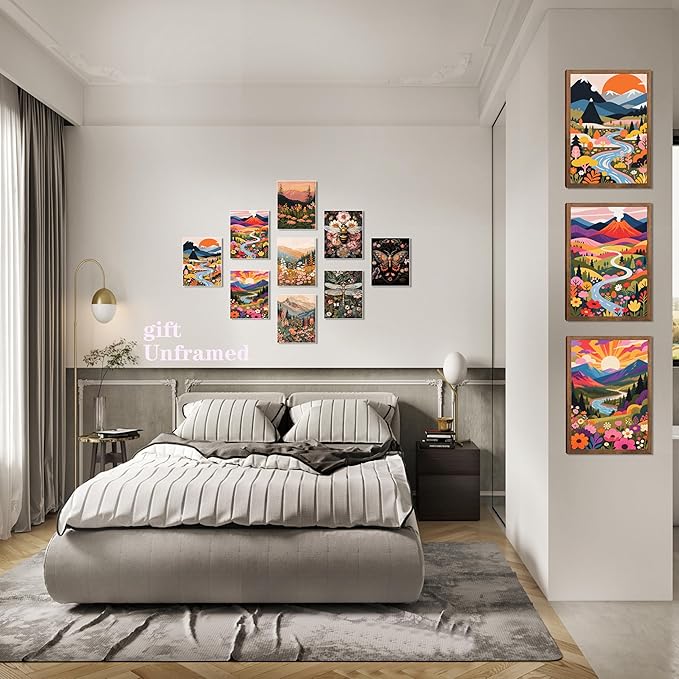 Nature Landscape Boho Wall Art Set of 3 24x16In Wood Framed,with 9 Bonus 8x10 Posters Prints, Abstract Ridge River Sunset Floral Canvas Paintings for Living Room Bedroom Office