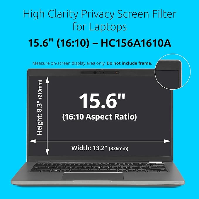 Kensington High Clarity Privacy Screens Filter for 15.6 inch 16:10 Laptops, Easy Installation Privacy Filter, Anti-Glare, 2H Hardness Protection, Compatible with HP Lenovo Samsung Asus HC156A1610A