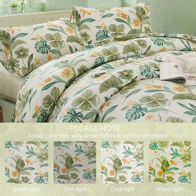 Green Floral Comforter Set King 100% Cotton Garden Style Bedding Flower Leaf Botanical Bed Chic Boho Home Decor