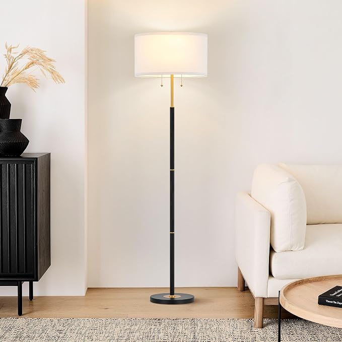 ELYONA 2-Light Floor Lamp Modern Reading Standing Light White Fabric Shade Vintage Tall Pole Corner Lamp for Bedroom Living Room Office 3 Color Temperatures LED Bulbs Include, Black & Brushed Gold