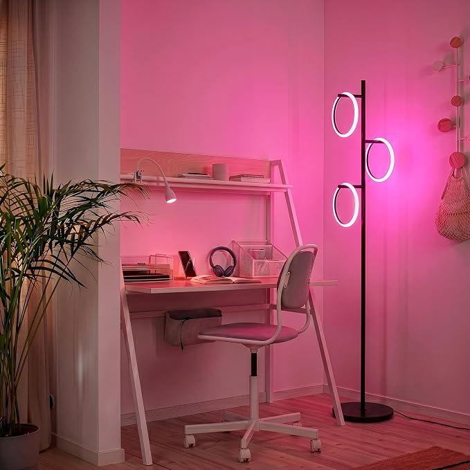 Brightech Saturn Modern Color Changing Floor Lamp - Tall Tree LED Lamp Perfect for Living Room Decor - Beautiful RGB Color Gradient and 3 LED Lights for Bedroom, Office, Reading - Black