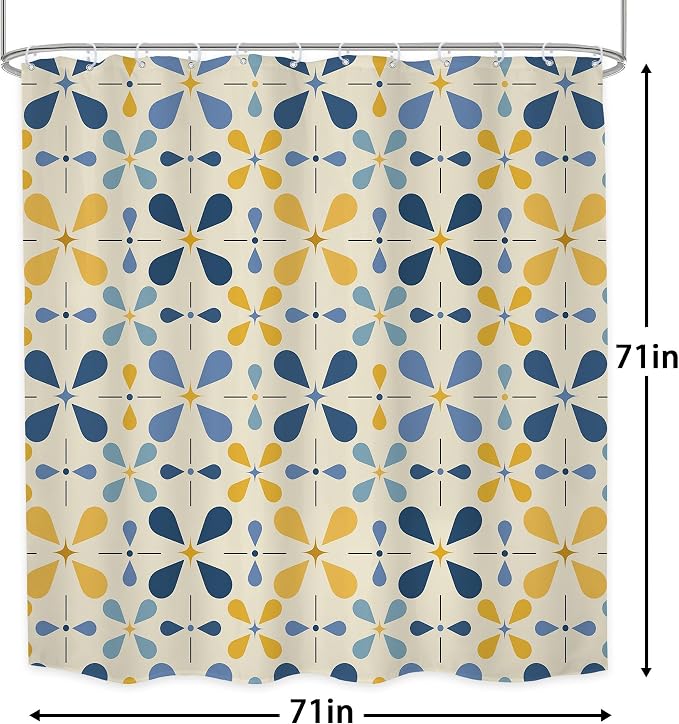 Blue Boho Mid Century Shower Curtain Bathroom Set 71Wx71H Inches Retro Navy Yellow Modern Abstract Vintage Colourful Geometric Bath Accessories Water Drop Art Home Decor Fabric 12 Pack Hooks