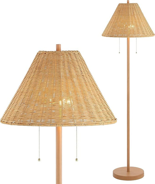 JONATHAN Y 61" Brown Wood Finish 2-Light Coastal Bohemian LED Floor Lamp for Living Room, Brown Rattan Shade, Mid-Century Modern Tall Standing Lamp, Pull-Chain, LED Bulbs Included JYL3092A