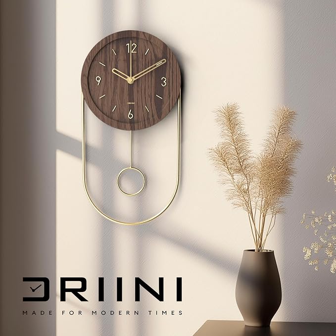 Driini Decorative Wall Clock with Pendulum (Walnut) – Modern Wood, 3D Gold Numbers, Metal Frame – Small, Unique Wall Clocks for Living Room Decor or Bathroom - Battery Operated, Silent, Non-Ticking