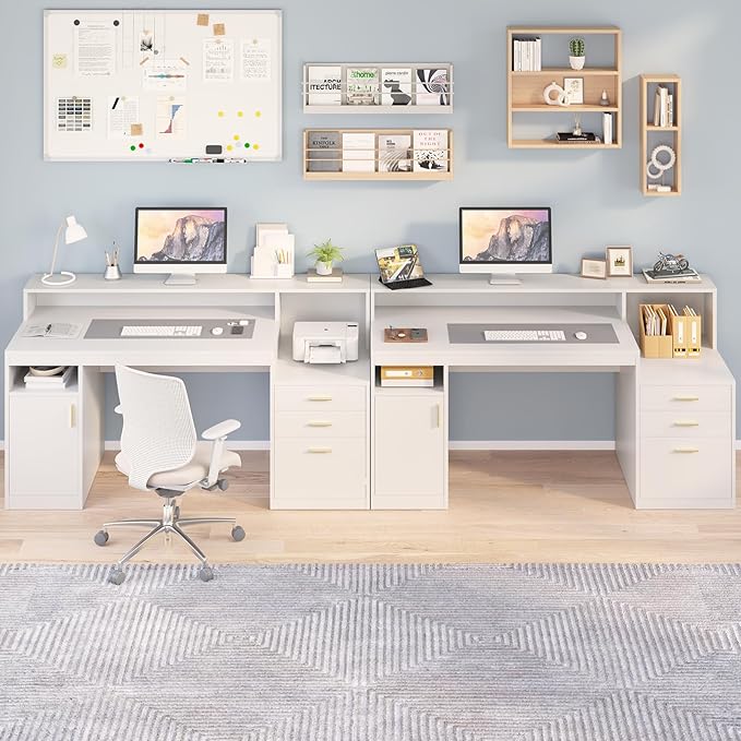 Computer Desk with 3 Drawer & Storage Shelves, Home Office Desk with File Drawer & Cabinet, Writing Study Table with Long Monitor Stand & Printer Shelf, Executive Desk, White