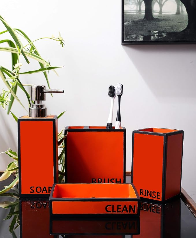 Hymmah Bathroom Accessories Set,Toothbrush Holder,Farmhouse Bathroom Decor,4 Pcs Resin Gift Set Apartment Necessities, Contain Toothbrush Cup,Soap Dispenser,Soap Dish,Tumbler Orange