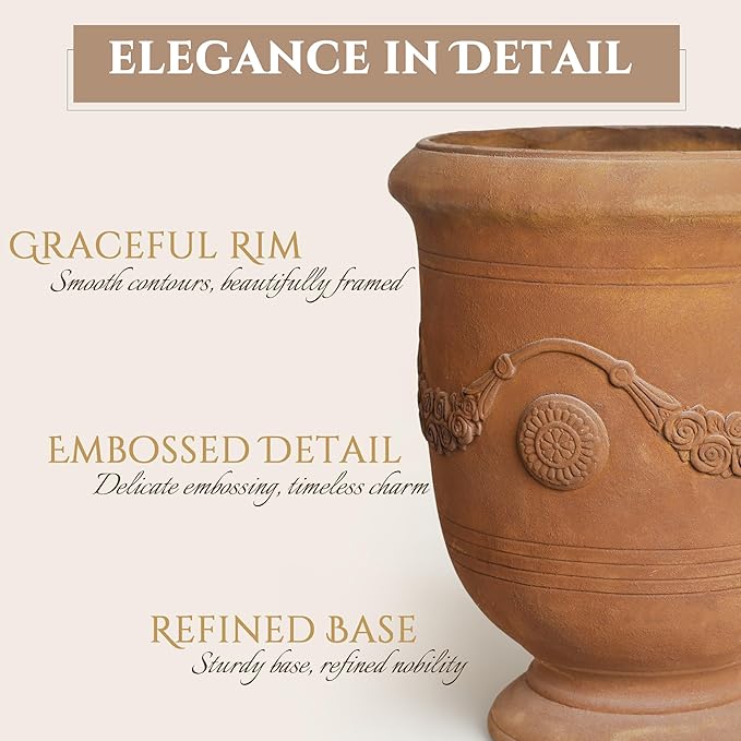 Large Urn Planter Magnesium Oxide Plant Pot with Cement Texture Concrete Urn Planters with Drainage Hole, 14" Dia x 17.5", Rusty