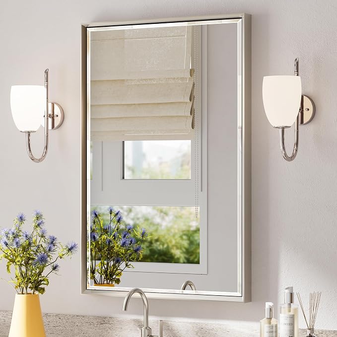Brushed Nickel Bathroom Mirror, 24x36 Inch Beveled Framed Bathroom Mirror Anti-Rust, Brushed Nickel Metal Frame Bathroom Vanity Mirror for Wall, Vertical/Horizontal Wall-Mounted Mirrors
