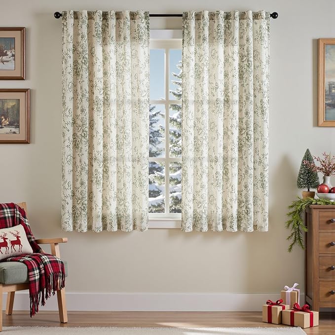 jinachan Linen Blend Floral Curtains for Living Room 63 Inch Length Christmas Sage Green Printed Curtain Rod Pocket Back Tab Farmhouse Peony Flower Patterned Drapes Bedroom Curtains Set 2 Panels
