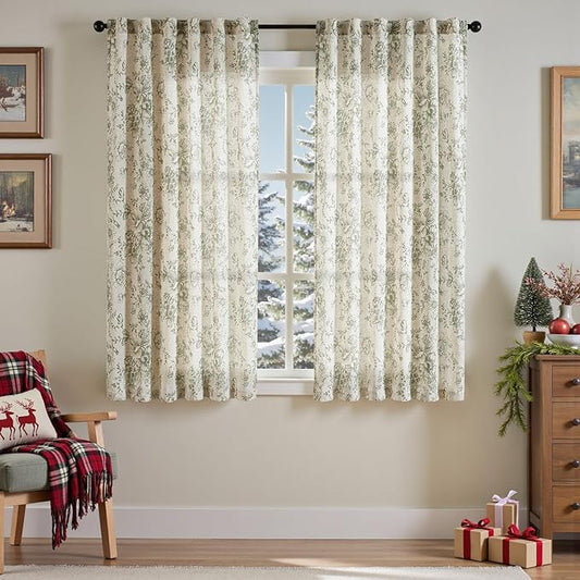 jinachan Linen Blend Floral Curtains for Living Room 63 Inch Length Christmas Sage Green Printed Curtain Rod Pocket Back Tab Farmhouse Peony Flower Patterned Drapes Bedroom Curtains Set 2 Panels