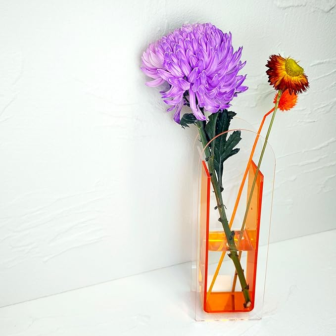Acrylic Vase Creative Gifts Minimalist Design Wedding Centerpiece Home Office Decor Elegant Floral Display Stand(Not Including Flowers) (Semi-Orange, 1PCS)