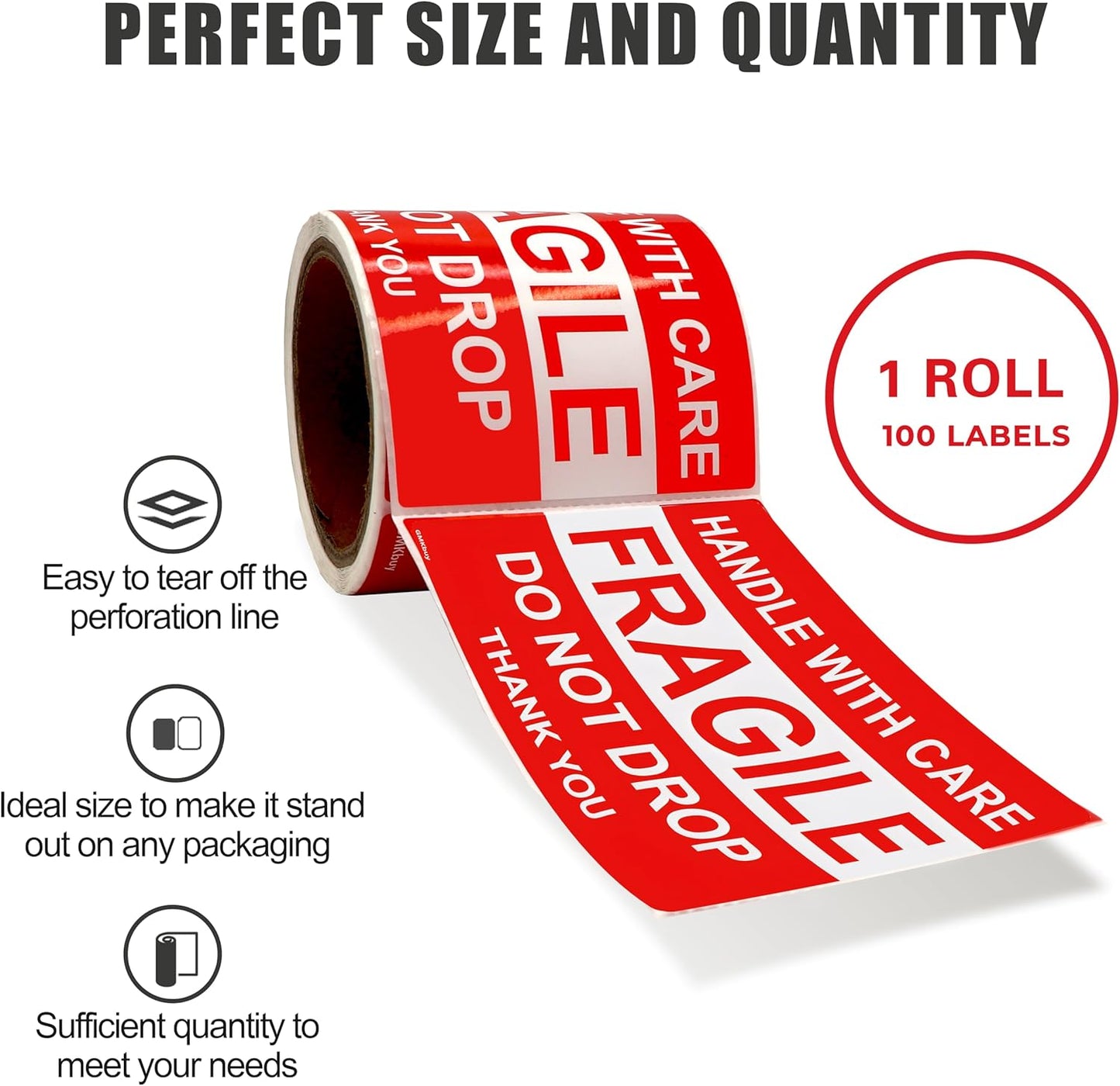 Skiennix Fragile Stickers - 100 Easy Tear, Permanent Adhesive Labels | 4 x 6 Inch for Shipping & Moving