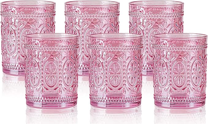 Darlion 6 Pack Pink Vintage Glassware Set, 10oz Romantic Drinking Glasses, Colored Water Glasses, Pink Embossed Glass Cups for Juice, Cocktails, Beer, Iced Tea, Soda