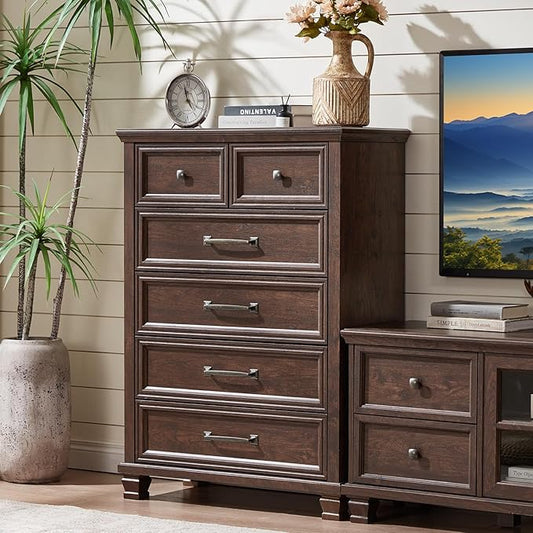 Farmhouse 6 Drawer Dresser for Bedroom, 45 Inch Tall Vintage Wood Chest of Drawers, Mid-Century Dressers w/Square Wooden Legs, Rustic Storage Organizer for Living Room, Hallway, Walnut