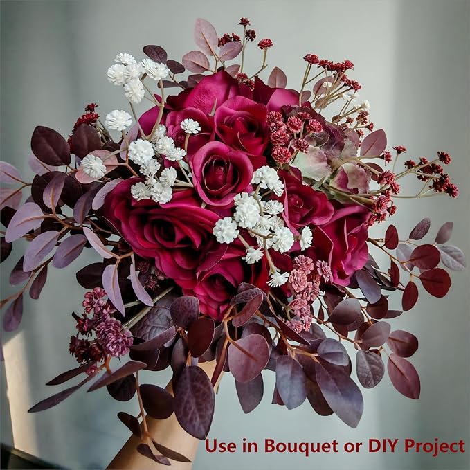 12-Piece Faux Real Touch Rose Bouquet with Ceramic Vase, Fake Flowers in Vase, Artificial Flowers for Home, Wedding, Bridal Bouquet, Party & Dining Table Centerpiece Decor (Burgundy, 10" High)