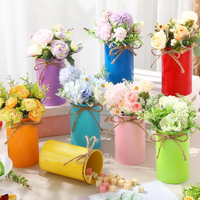 Domensi 5.91 in High Farmhouse Vase Decor Galvanized Metal Flower Vase with Twine Bow Vintage Rustic Tin Flower Buckets for Artificial Floral Table Container DIY (Multicolor,8 Pcs)