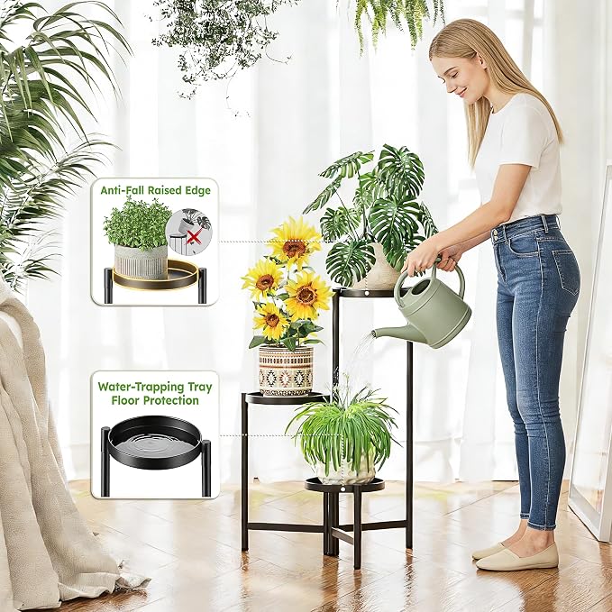 3 Tiered Plant Stand Indoor for Multiple Large Planter, Tall Heavy Duty Adjustable Folding Rack with Rustproof 7.9 Inch Wide Tray, Plant Shelf for Corner Living Room - BlackDisk