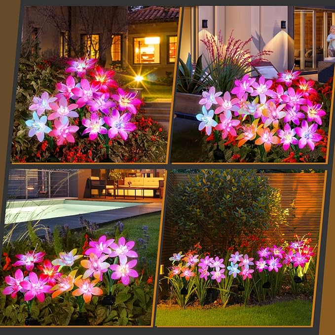 Aukora Solar Garden Lights Outdoor 10 Pack, 5 Colors Lily Flowers & 7-Color Changing Led Lights for Outside, Solar Outdoor Light Waterproof for Pathway Patio Yard Decor, Red Yellow Blue White Purple