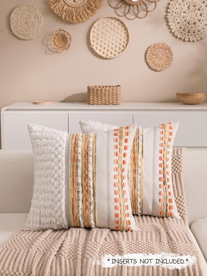 KOOLIFE Fall Boho Chenille Tufted Throw Pillow Covers 18x18 Inch Set of 2 Farmhouse Striped Couch Decorative Pillow Covers Accent Neutral Pillowcase Yellow Orange Cushion Cover for Livingroom Sofa Bed