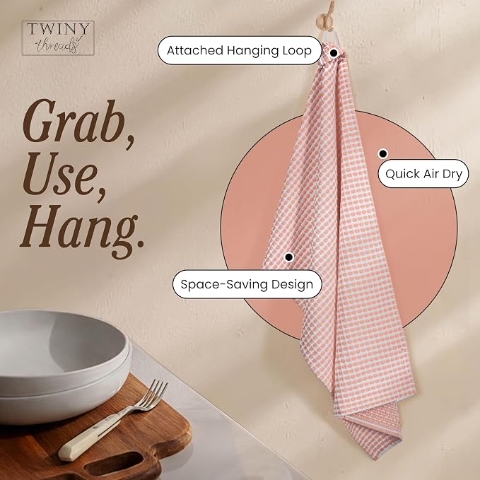 TWINY threads Circle Waffle Dish Towels 4 Pack, 16x26 Inches, 100% Cotton, Soft, Breathable, Durable, High Absorbency Dishcloth Set, Perfect for Daily Kitchen Use, Drying Glassware, Light Orange