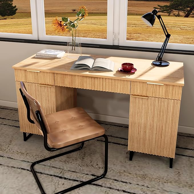 55" Fluted Executive Desk with File Drawer,Wooden Computer Desk with Storage,Light Wood Modern Office Desk for Work and Studying,Natural Oak (1, Natural Oak)