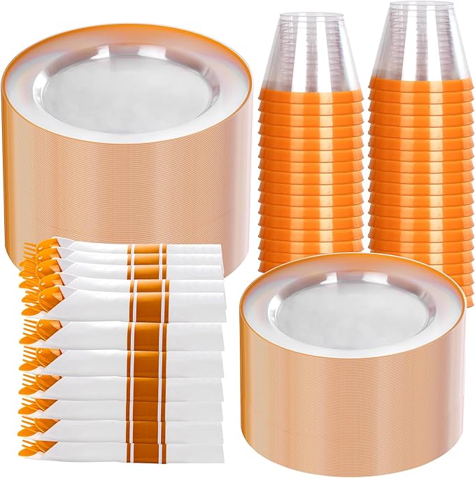 SUT 350Pcs Orange and Clear Plastic Dinnerware Set for 50 Guests, Include: 50 Dinner Plate, 50 Dessert Plates, 50 Pre Rolled Napkins With Silverware, 50 Cups, Disposable Plates for Thanksgiving, Party