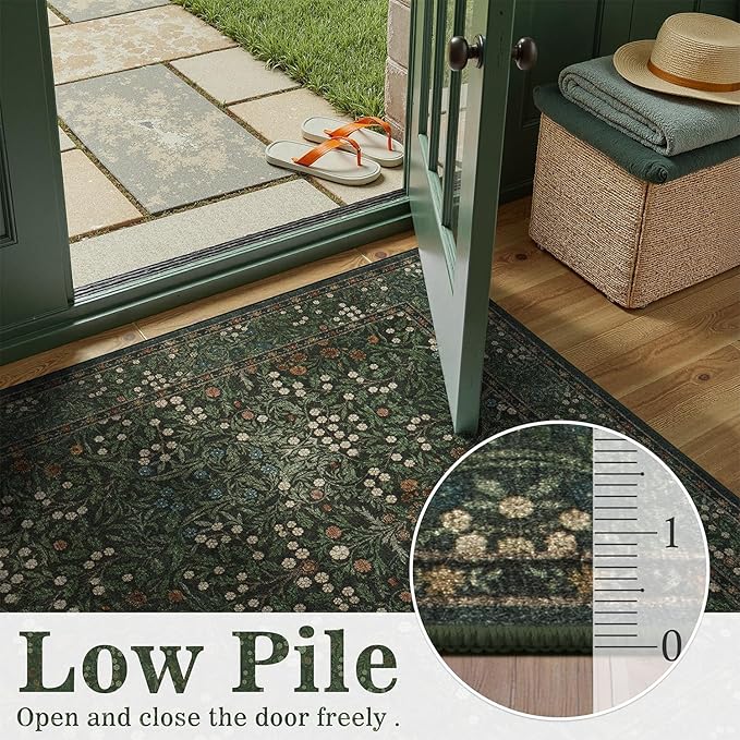 DCX Green 5x7 Area Rug, Machine Washable Non Slip Stain Resistant Soft Vintage Floral Rug, for Living Room, Bedroom, Dining Room, Soft Low Pile Large Carpet