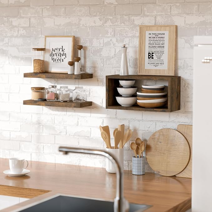 RICHER HOUSE Floating Shelves Set of 3, Modern Bathroom Shelves Wall Mounted Shelves with Invisible Brackets Over Toilet, Rustic Wall Shelves for Bathroom Bedroom, Living Room, Kitchen - Brown
