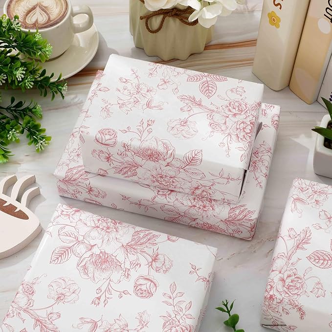 JarThenaAMCS Rose Gold Floral Wrapping Paper - Mini Roll - 17 Inch x 32.8 Ft Vintage Flower Gift Wrap Paper Decorative Art Paper for DIY Crafts Supplies