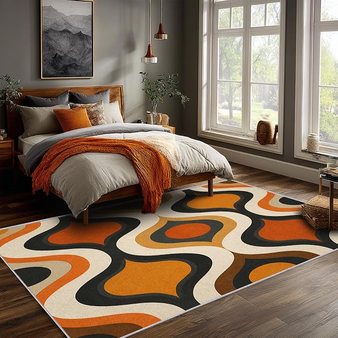 Retro Wave Area Rug 6x8, Mid-Century Modern Geometric Rug, Orange Brown Abstract Carpet for Living Room Bedroom, Soft Non-Slip Washable Rug