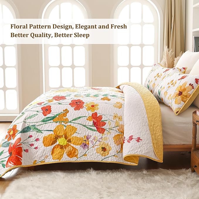 Anibedding Yellow Quilt Set King Size, Yellow Floral Reversible Bedspread Soft Microfiber Lightweight King Size Quilt Bedding Sets Reversible Coverlet for All Season(King, 104"x90")